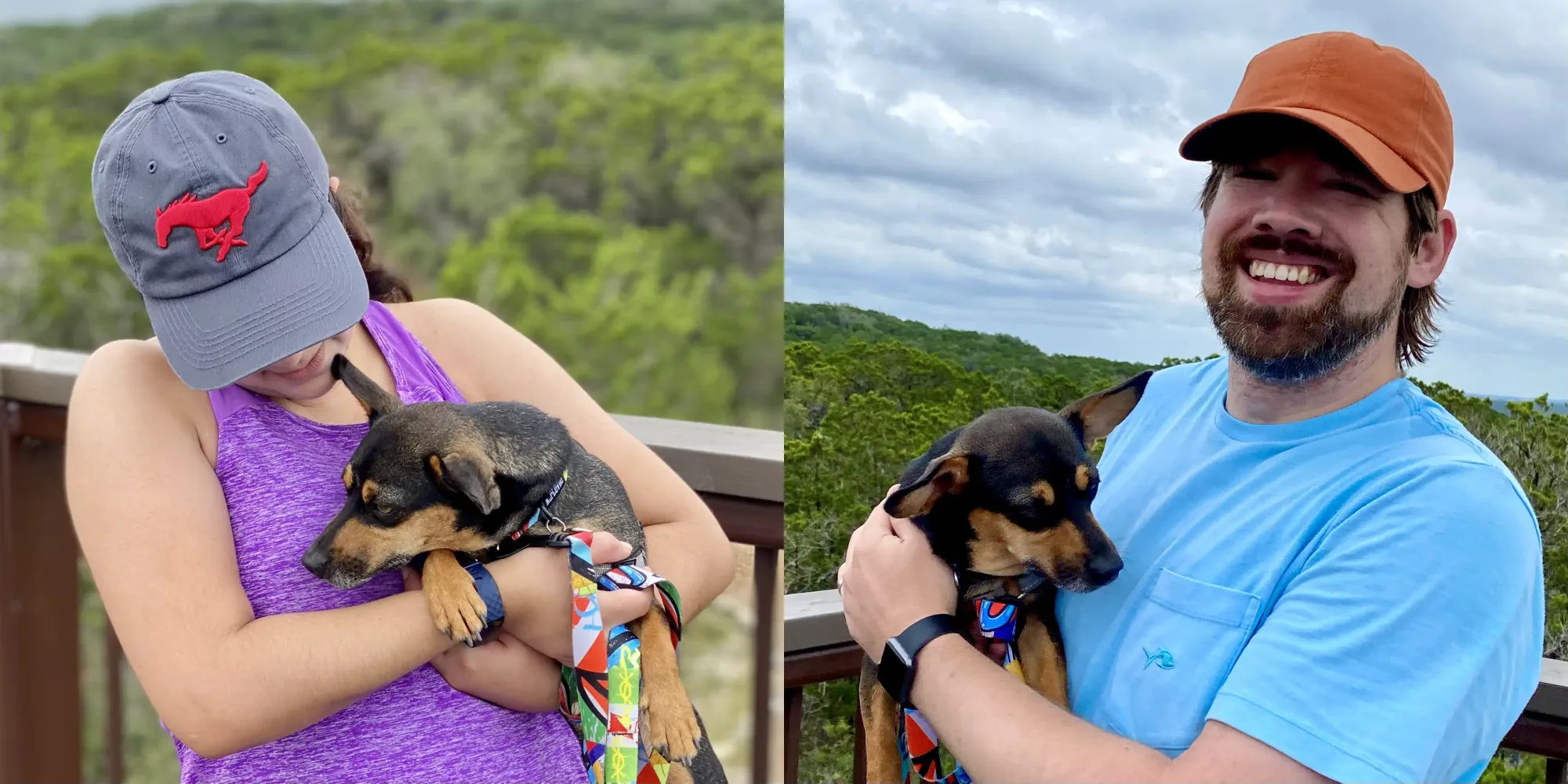 Left: Meera holds Tuck for the camera while he complains Right: Jerry does the same thing, and so does Tuck.