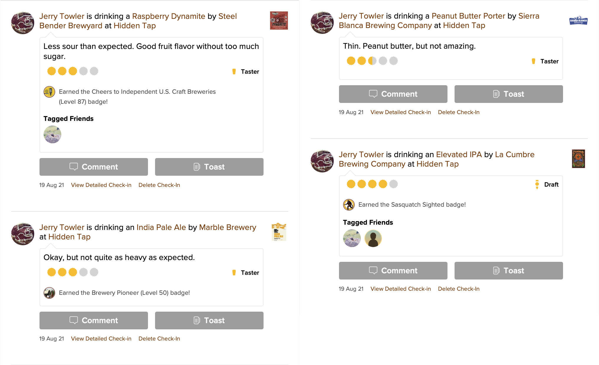 Untappd checkins for beers available at the Hidden Tap.