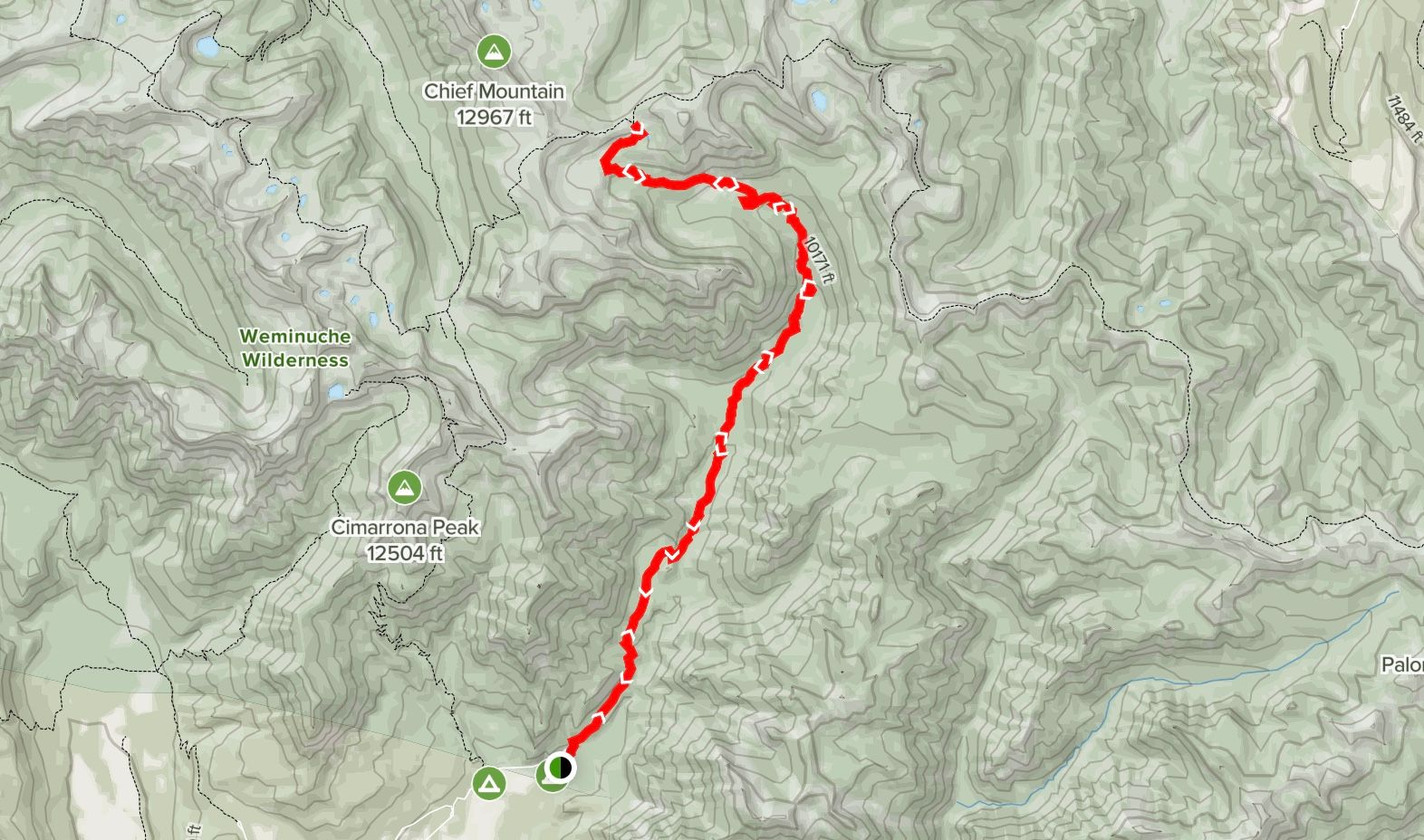 Our trail plan overlaid on a topographical map of the Weminuche Wilderness.