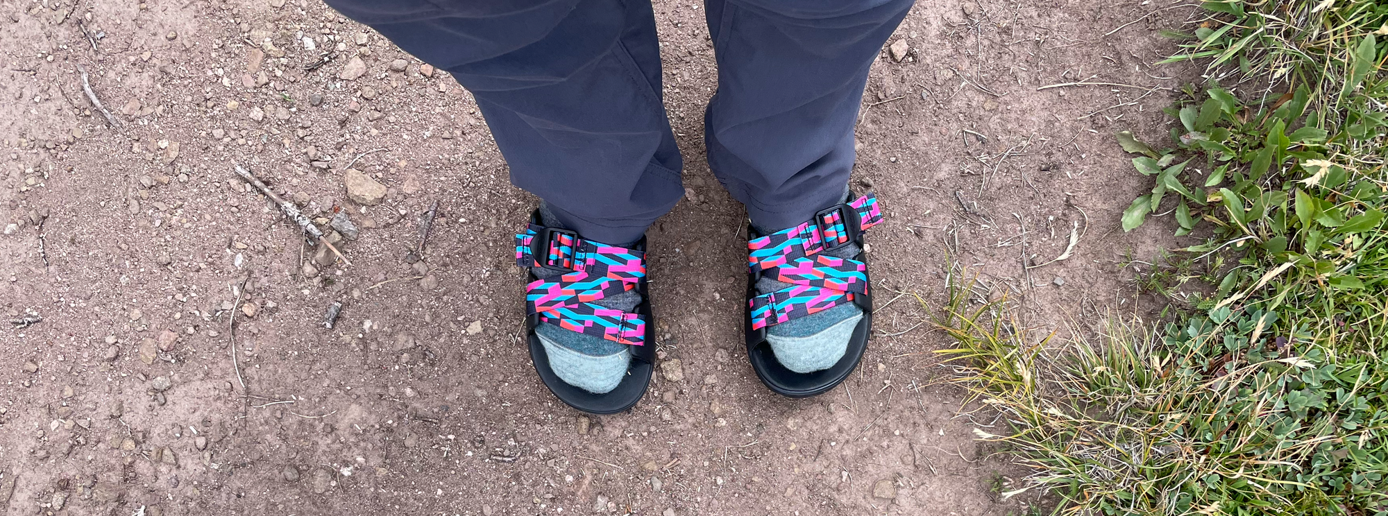 Giant hiking socks with sandals.