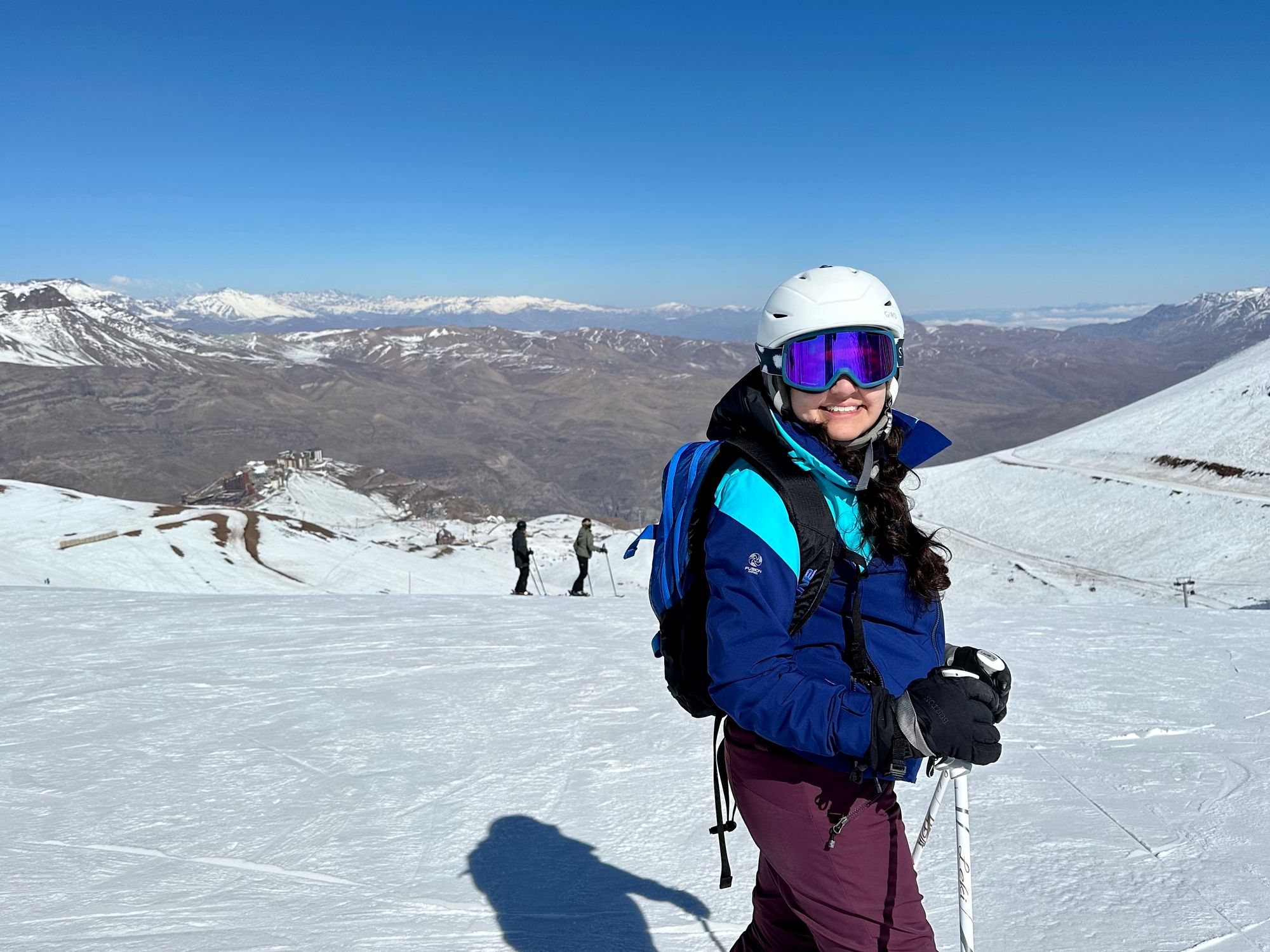 Meera in ski gear on the slopes of Valle Nevado